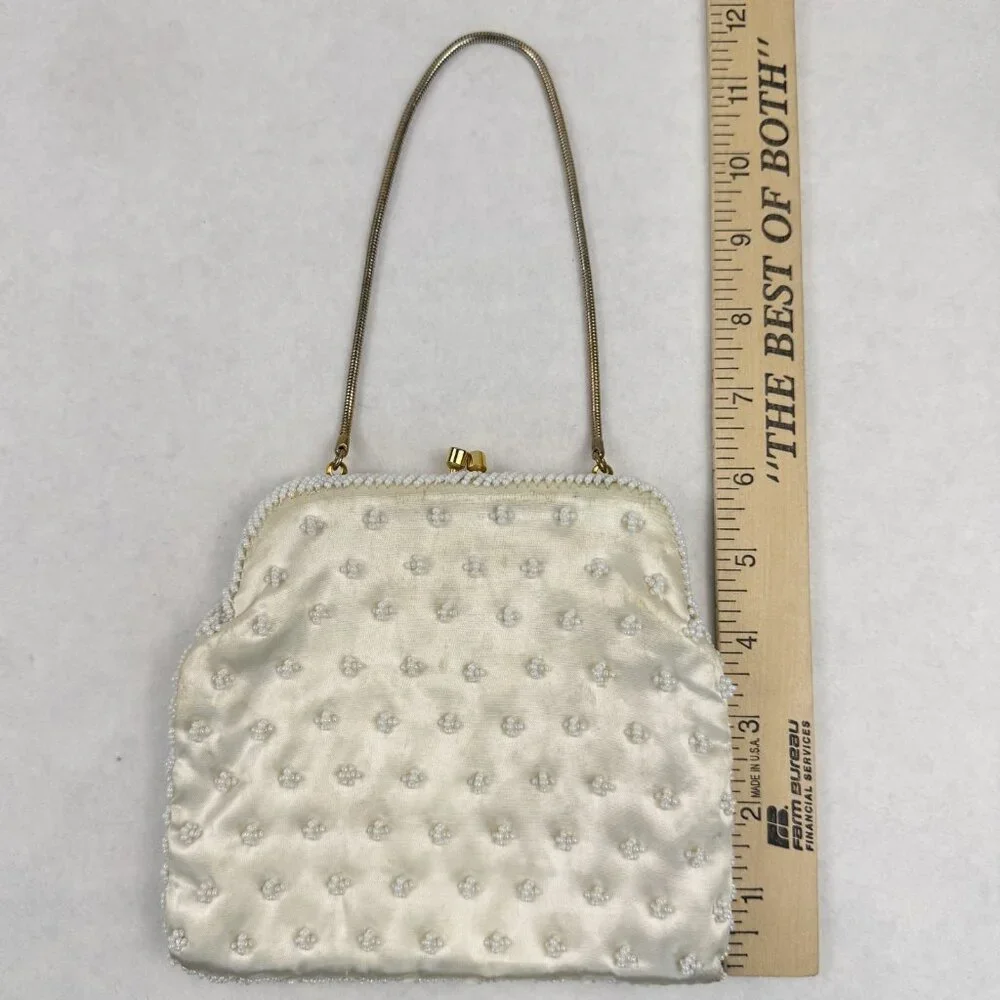 Vintage Womens White Beaded Geometric Floral Evening Bag Small Clutch Purse HK - Picture 10 of 12